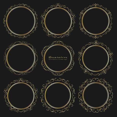 Set of golden decorative round frames vintage style. Vector illustration.