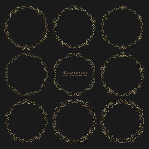 Set of golden decorative round frames vintage style. Vector illustration.