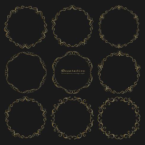 Set of golden decorative round frames vintage style. Vector illustration.