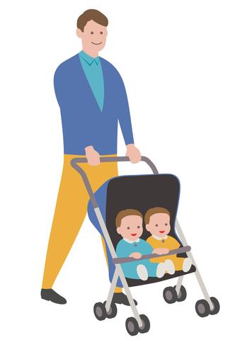 Father with babies in a stroller, isolated on white background. vector