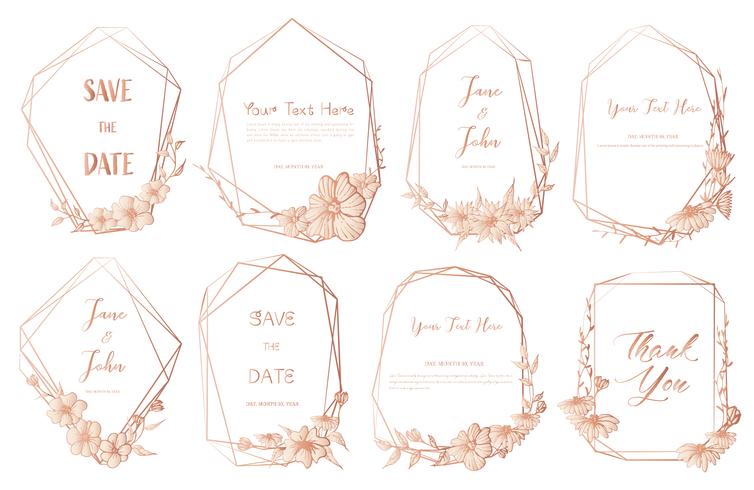 Set of geometric frame, Hand drawn flowers, Botanical composition, Decorative element for wedding card, Invitations Vector illustration.