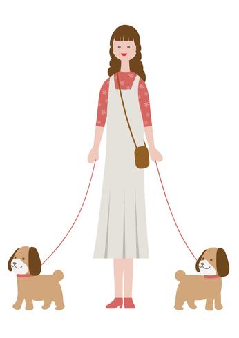 Woman walking dogs, isolated on a white background.