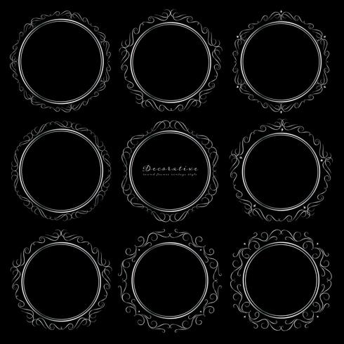 Set of silver decorative round frames vintage style. Vector illustration.