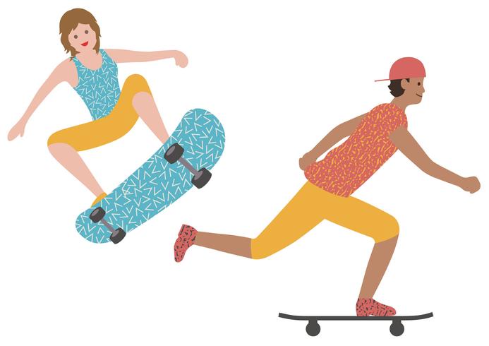 Conjunto de un hombre y de un skateboarding de la mujer aislados en un fondo blanco. vector