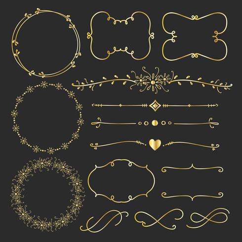 Set Of Golden Decorative Calligraphic Elements For Decoration. Handmade Vector Illustration.