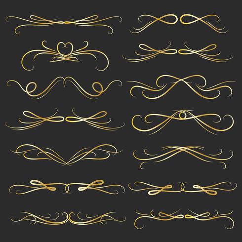 Set Of Golden Decorative Calligraphic Elements For Decoration. Handmade Vector Illustration.