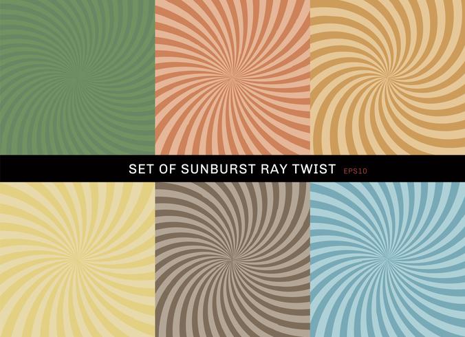 Set of starburst twist background retro style. Collection of abstract sunburst ray radial green, yellow, blue, brown, orange, backgrounds. vector