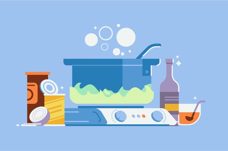 Cocinar la comida en conjunto de ilustración de olla vector