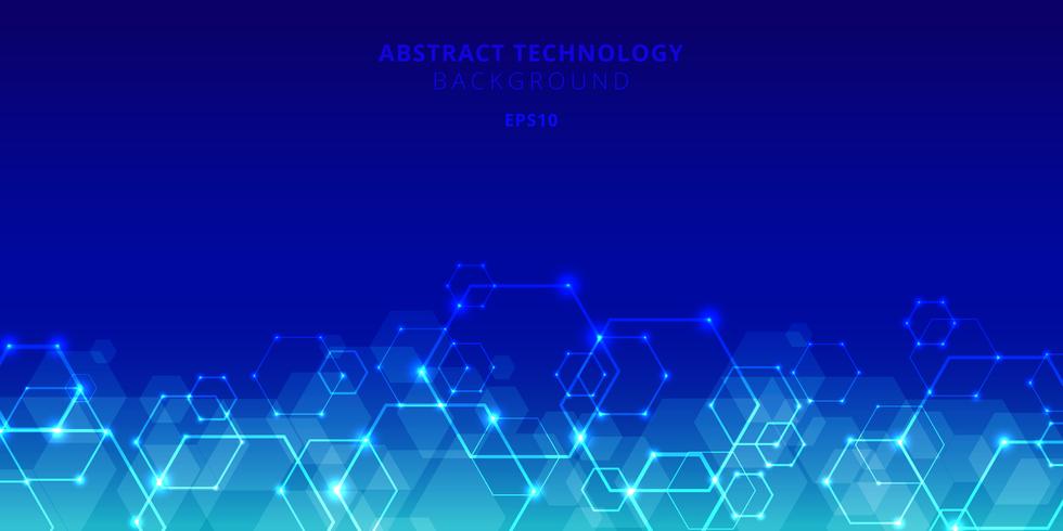 Resumen de tecnología hexágonos patrón de red genética y social sobre fondo azul. Futuro plantilla geométrica de elementos hexagonales con nodos luminosos. Presentación de negocio para su diseño con espacio para texto. vector