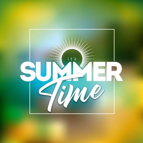 It's Summer Time Illustration with Typography Letter on Blurred Beach Background. Vector Holiday Design