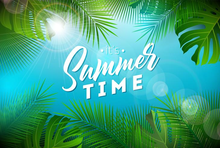 Summer Time Illustration with Typography Letter and Tropical Plants on Ocean Blue Background. Vector Holiday Design with Exotic Palm Leaves and Phylodendron