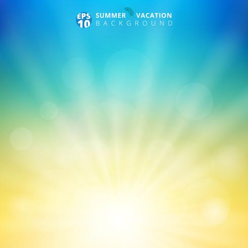 La luz del sol de la estación de verano con el bokeh en el cielo empañó el fondo. Fondo de la falta de definición de la naturaleza con rayo solar radial. Concepto de ecología natural para su diseño gráfico. vector