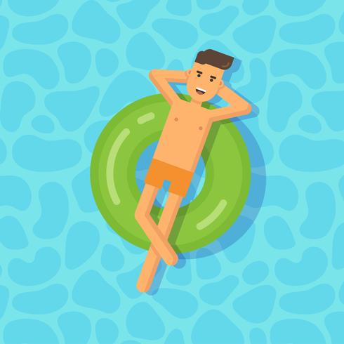 Young man floating on an inflatable circle in a swimming pool vector