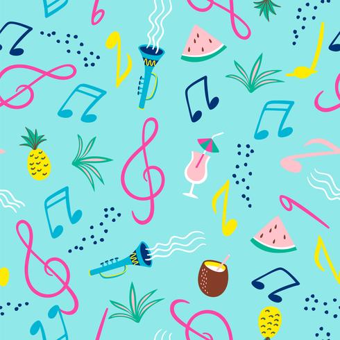 Patrón sin fisuras con notas musicales, instrumentos y símbolos de verano. Vector