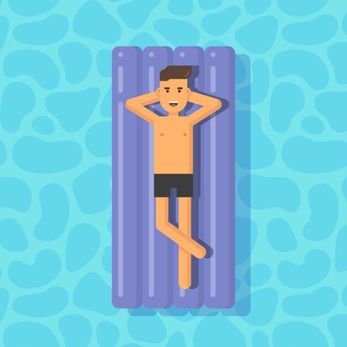 Young man floating on a mattress in a swimming pool vector