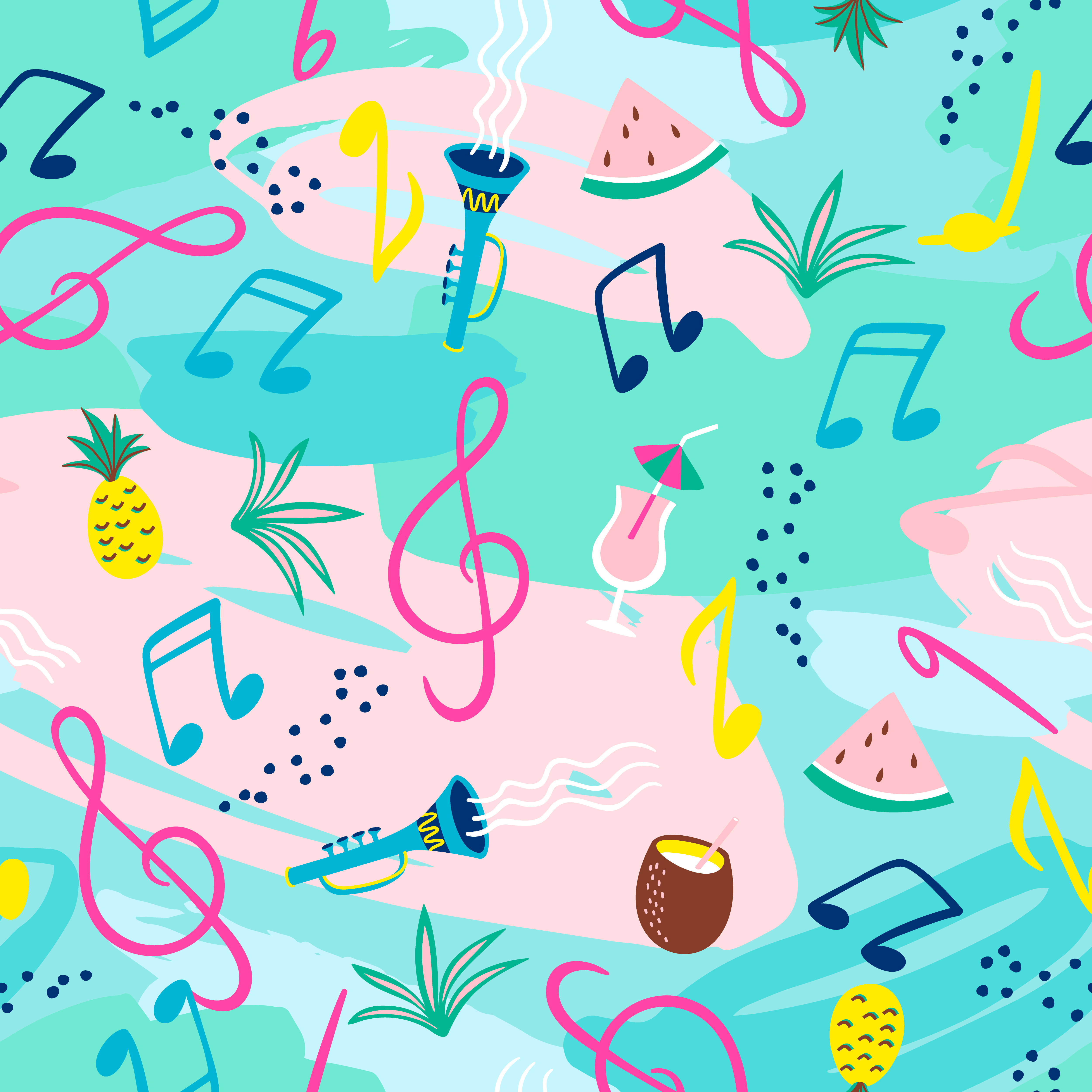 Seamless pattern with musical notes, instruments and summer symbols