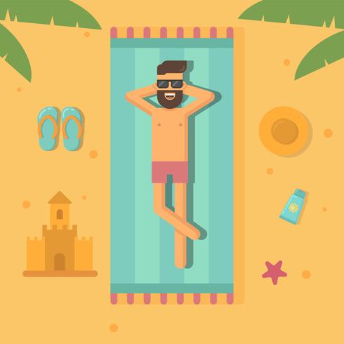 Hombre tomando el sol en la playa ilustración plana vector