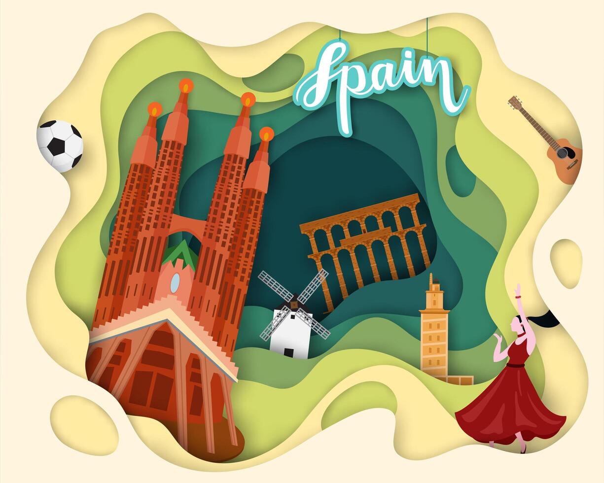 Paper cut design of Tourist Travel Spain vector