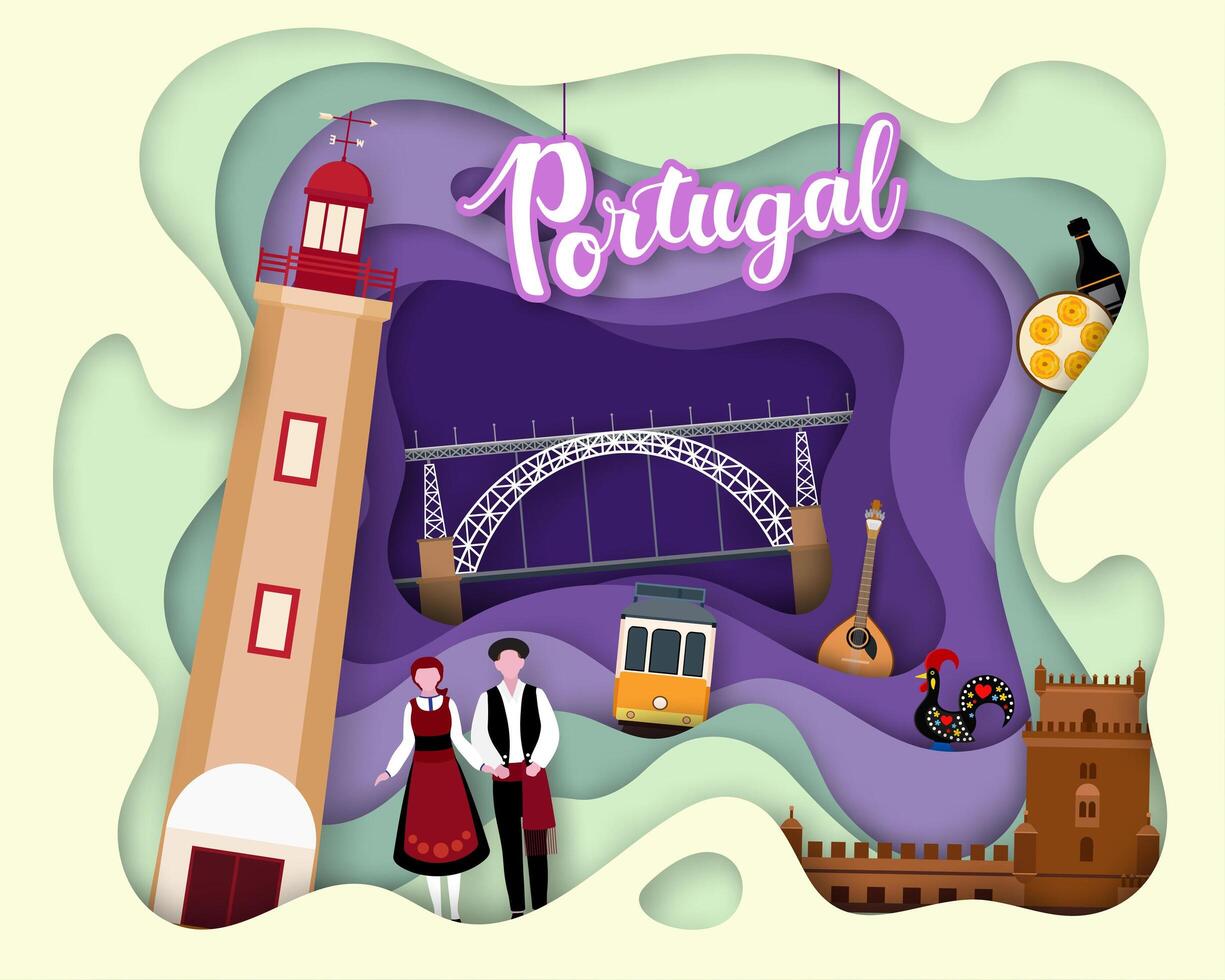 Paper cut design of Tourist Travel Portugal vector