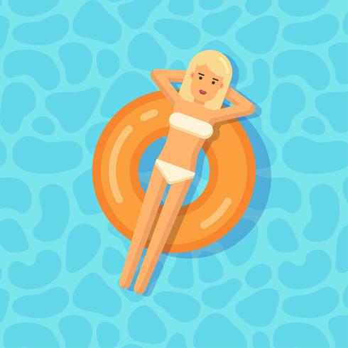 Young girl floating on an inflatable circle in a swimming pool vector