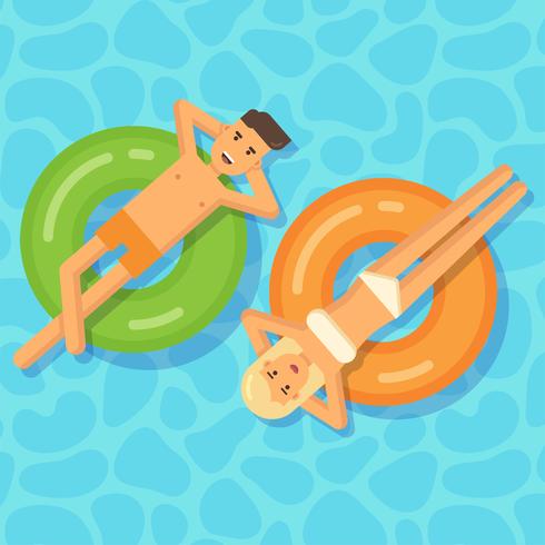 Hombre y mujer flotando en círculos inflables en una piscina vector