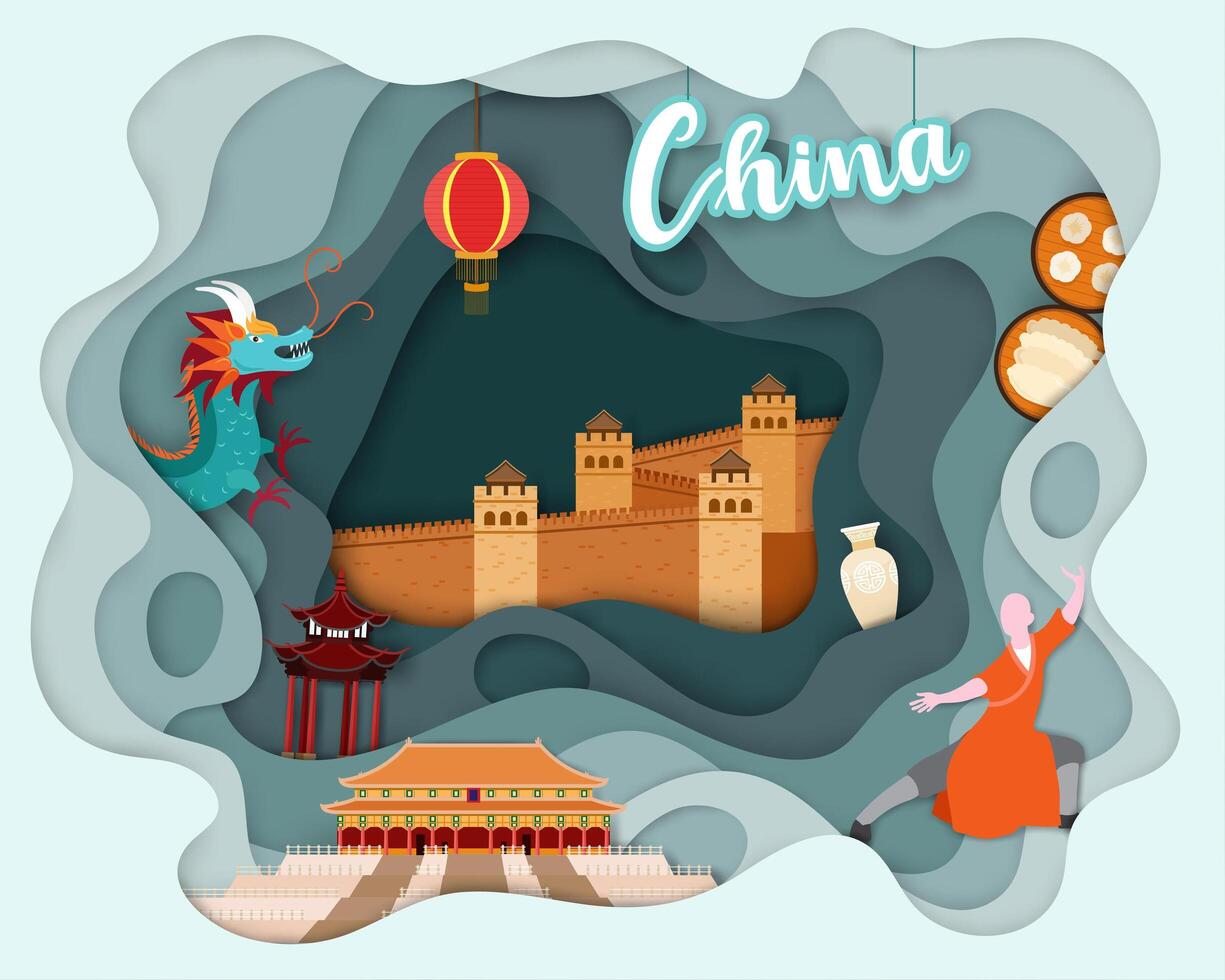 Paper cut design of Tourist Travel China vector