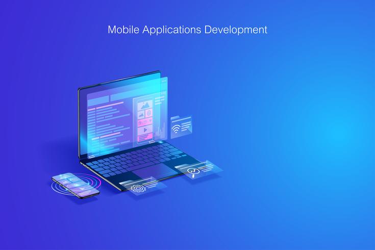 Web development, software coding ,program development on laptop and smartphone concept vector