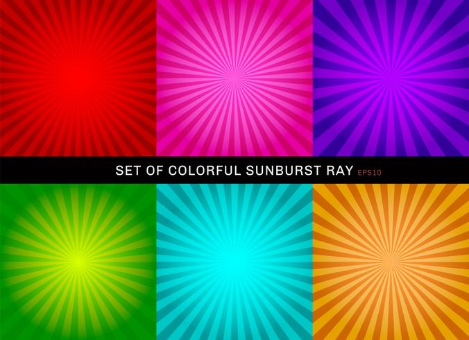 Set of retro shiny colorful starburst background. Collection of abstract sunburst radial red, pink, purple, green, blue, orange backgrounds. vector