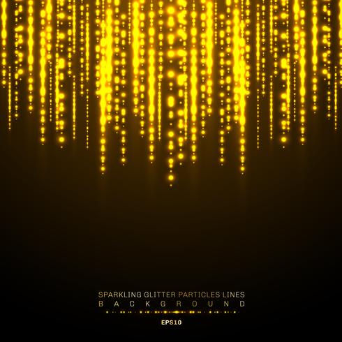 Gold lights shiny vertical line glitters holiday festival on dark background. Golden christmas confetti shining lights pattern. Magic rain of sparkling glitter particles lines vector