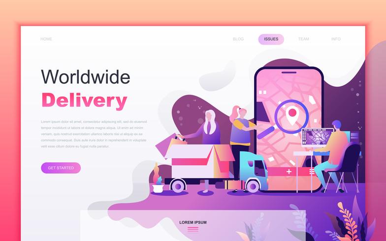 Modern flat cartoon design concept of Worldwide Delivery for website and mobile app development. Landing page template. Decorated people character for web page or homepage. Vector illustration.