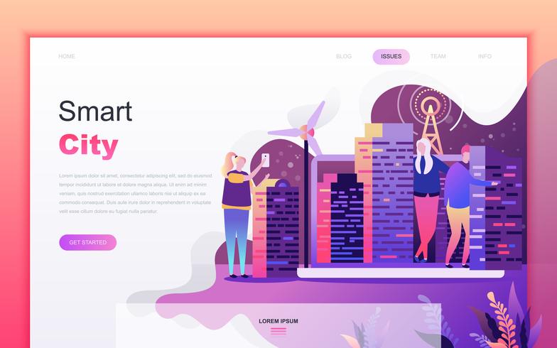 Modern flat cartoon design concept of Smart City for website and mobile app development. Landing page template. Decorated people character for web page or homepage. Vector illustration.