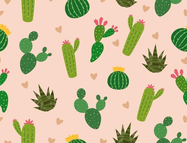 Seamless pattern of many cactus with mini heart on background - Vector illustration