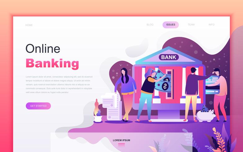 Concepto moderno de diseño de dibujos animados planos de la Banca en línea para el desarrollo de sitios web y aplicaciones móviles. Plantilla de página de aterrizaje. Personaje de personas decoradas para página web o página de inicio. Ilustracion vectoria vector