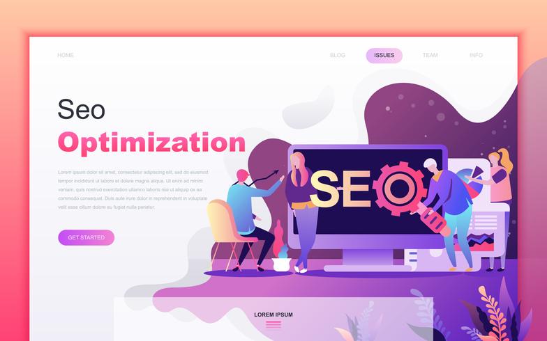 Modern flat cartoon design concept of SEO Optimization for website and mobile app development. Landing page template. Decorated people character for web page or homepage. Vector illustration.