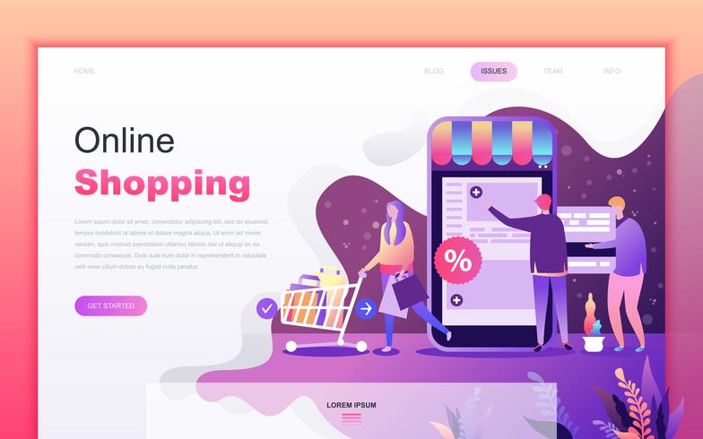 Modern flat cartoon design concept of Shopping and E-Commerce for website and mobile app development. Landing page template. Decorated people character for web page or homepage. Vector illustration.