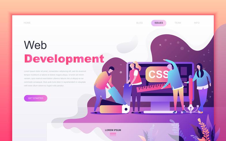 Modern flat cartoon design concept of Web Development for website and mobile app development. Landing page template. Decorated people character for web page or homepage. Vector illustration.