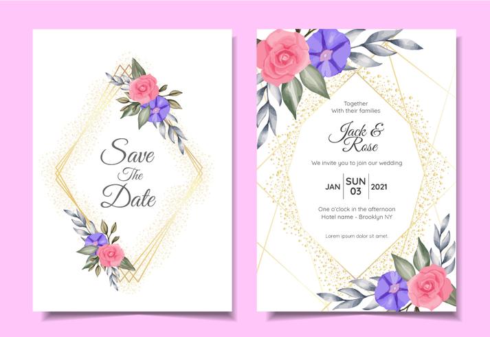 Modern Wedding Invitation Cards Template of Watercolor Floral, Golden Geometric Frame, and Sparkle. Save the Date and Greeting Card Multipurpose Design Concept vector