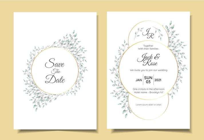 Sistema minimalista de la invitación de la boda del vintage del arreglo floral natural con el marco de oro del círculo elegante. Plantilla de tarjetas multipropósito como póster, libro de tapa, embalaje y otros vector