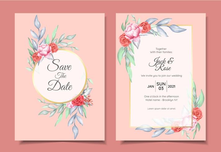 Conjunto de invitación de boda de adorno floral de acuarela y marco dorado con concepto de diseño de color elegante. Las rosas y la flor de peonía guardan la fecha, el saludo o la plantilla de tarjeta multiusos vector