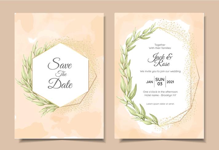 Tarjetas de invitación de boda vintage con textura de fondo de acuarela, marco dorado geométrico y hojas de dibujo a mano acuarela. Plantilla Vector multiusos