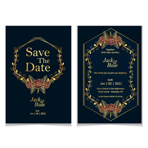 Conjunto de plantillas de invitación de boda de rosas de oro. Lujo y concepto de diseño vintage de guardar la fecha y la tarjeta de invitación con elementos dorados y fondo azul oscuro vector