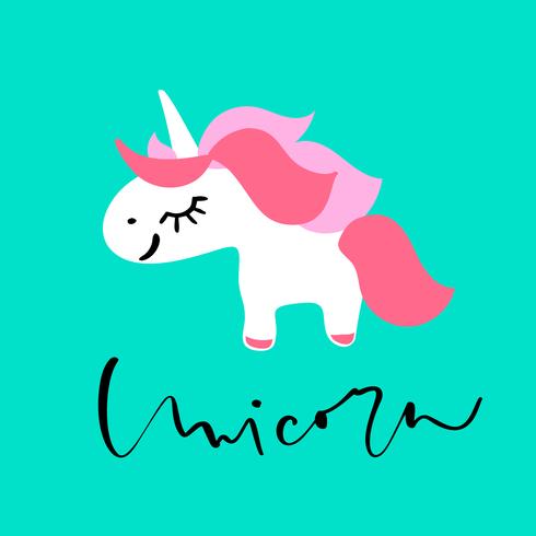 Unicornio dibujado mano linda de la historieta con el texto de la caligrafía. Vector ilustración de personaje. Diseño para tarjeta infantil, camiseta. Chicas, niño concepto mágico. Aislado sobre fondo blanco