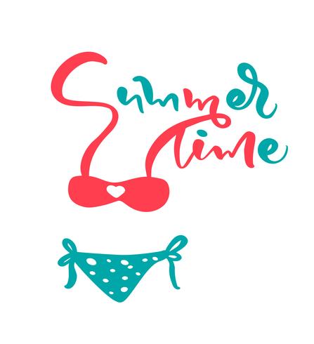 Calligraphic lettering vector text Summer Time title. Beautiful woman's swimsuit. Isolated cartoon illustration for your design