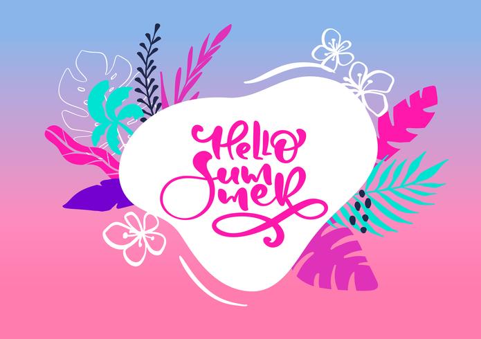 Cute scandinavian greeting card with calligraphic lettering text Hello Summer. Label template with funny plants and flowers in vector. Holiday travel modern concept with graphic design elements vector