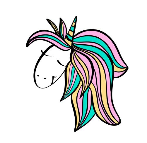 Cara dibujada mano linda del unicornio. Ilustración de personaje de dibujos animados de vector. Diseño para tarjeta infantil, camiseta. Chicas, niño concepto mágico. Aislado sobre fondo blanco vector