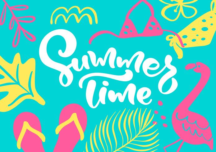 Cute scandinavian greeting card with calligraphic lettering text Summer Time. Label template with funny plants and flowers in vector. Holiday travel modern concept with graphic design elements vector