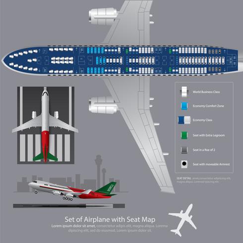 Conjunto de avión con mapa de asiento aislado ilustración vectorial vector