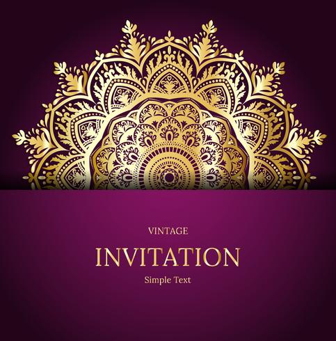 Elegant Save The Date card design. Vintage floral invitation card template. Luxury swirl mandala greeting card, gold, purple vector