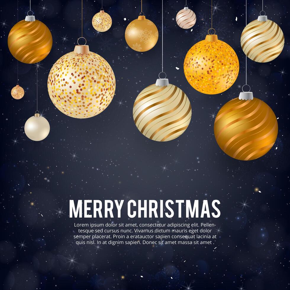 Vector illustration of merry christmas gold and black colors place for text, gold christmas balls, golden glitter baubles and confetti