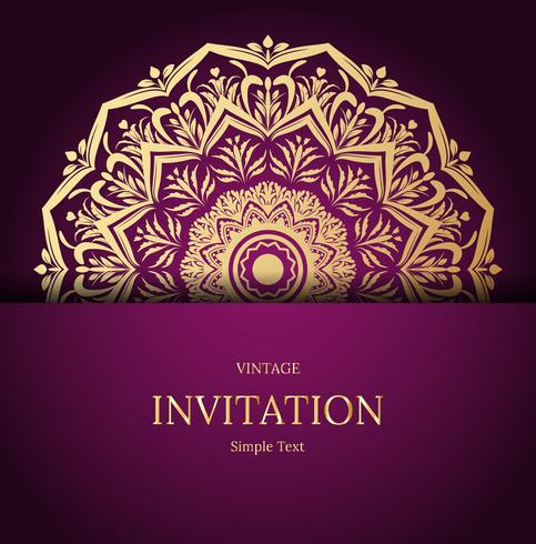 Elegant Save The Date card design. Vintage floral invitation card template. Luxury swirl mandala greeting card, gold, purple vector